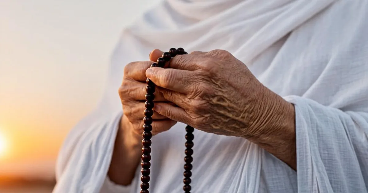 Douas de l'omra, chapelet de prière tenu par des mains âgées