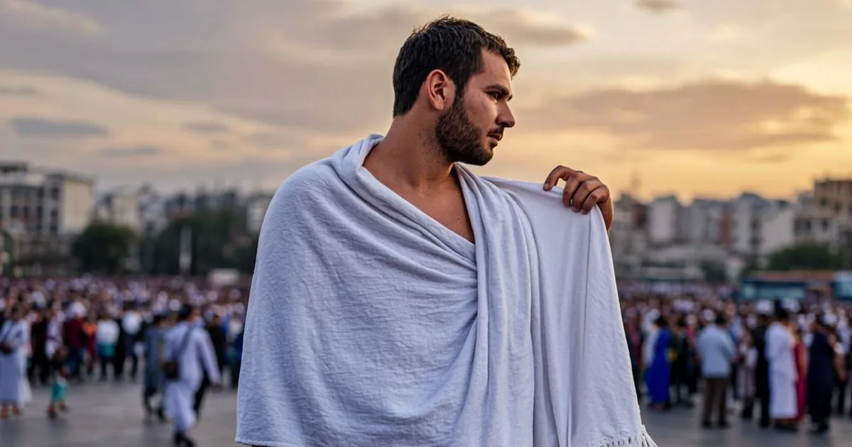 Ihram, homme revêtant les pièces blanches, vu de dos