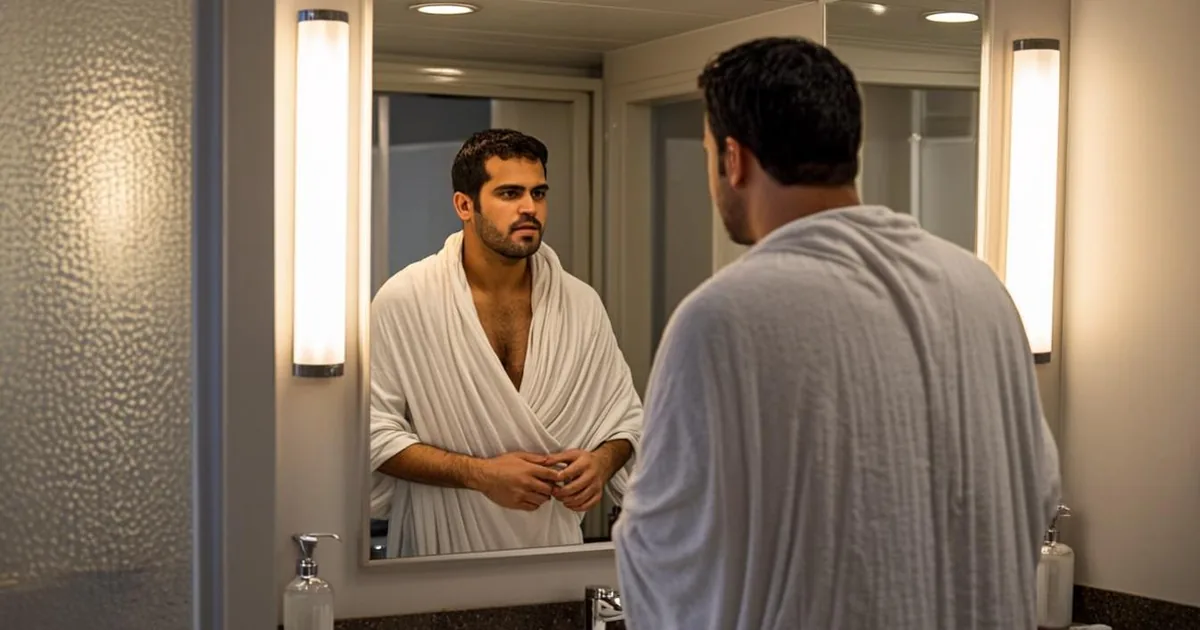 Miqat, voyageur revêtant l'ihram avant le passage du point rituel
