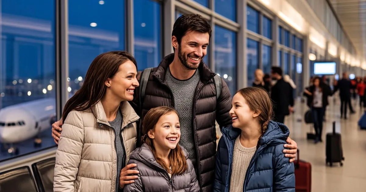 Omra décembre 2026 — famille en manteaux d'hiver à la porte d'embarquement