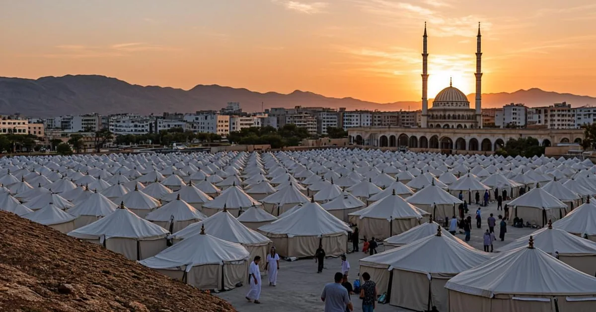 Omra et hajj, la ville de tentes blanches de Mina à l'heure dorée