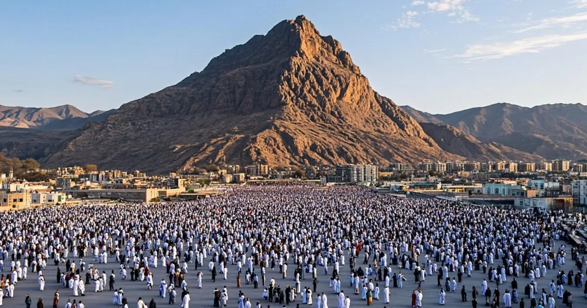Omra et hajj, le mont Arafat au lever du soleil avec les pèlerins en blanc