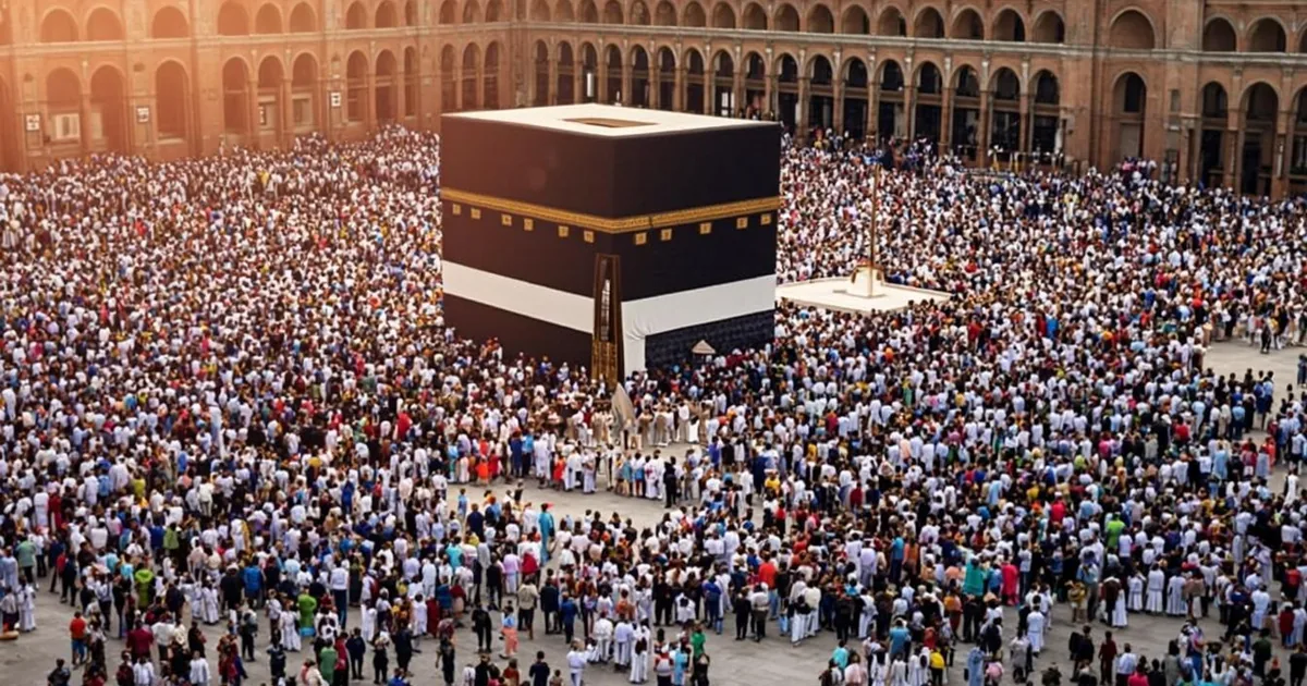 Omra Lille — pèlerins en ihram autour de la Kaaba vus de haut