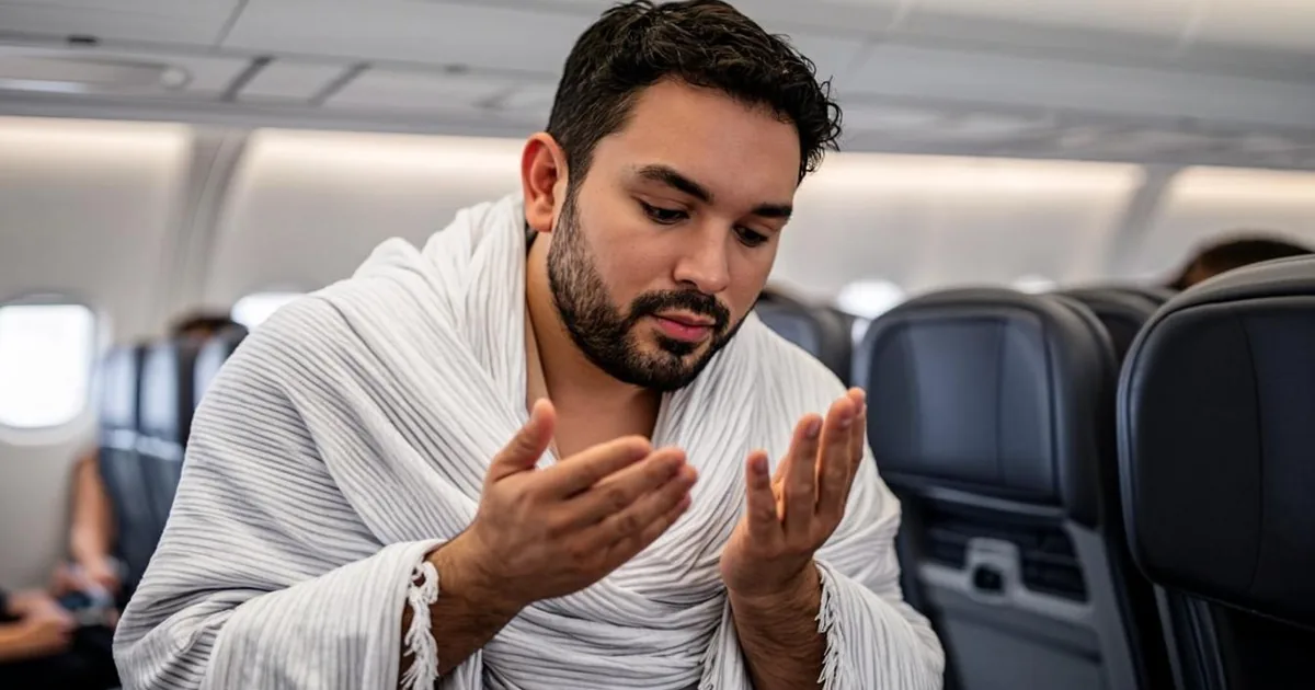 Omra Lyon — voyageur en ihram priant à bord de l'avion