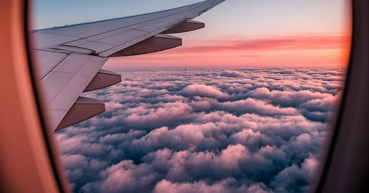 Omra Rennes — aile d'avion au-dessus des nuages au coucher du soleil