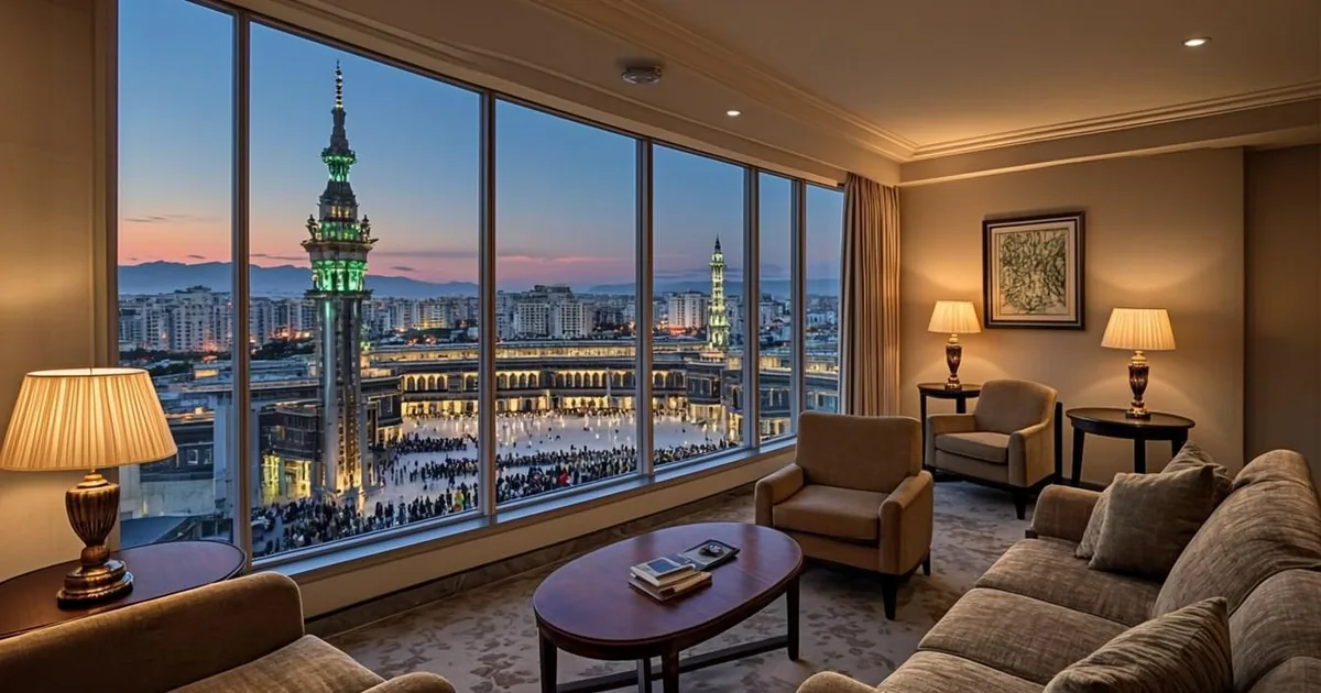 OmraLuxury — suite d'hôtel haut de gamme face au Haram au crépuscule