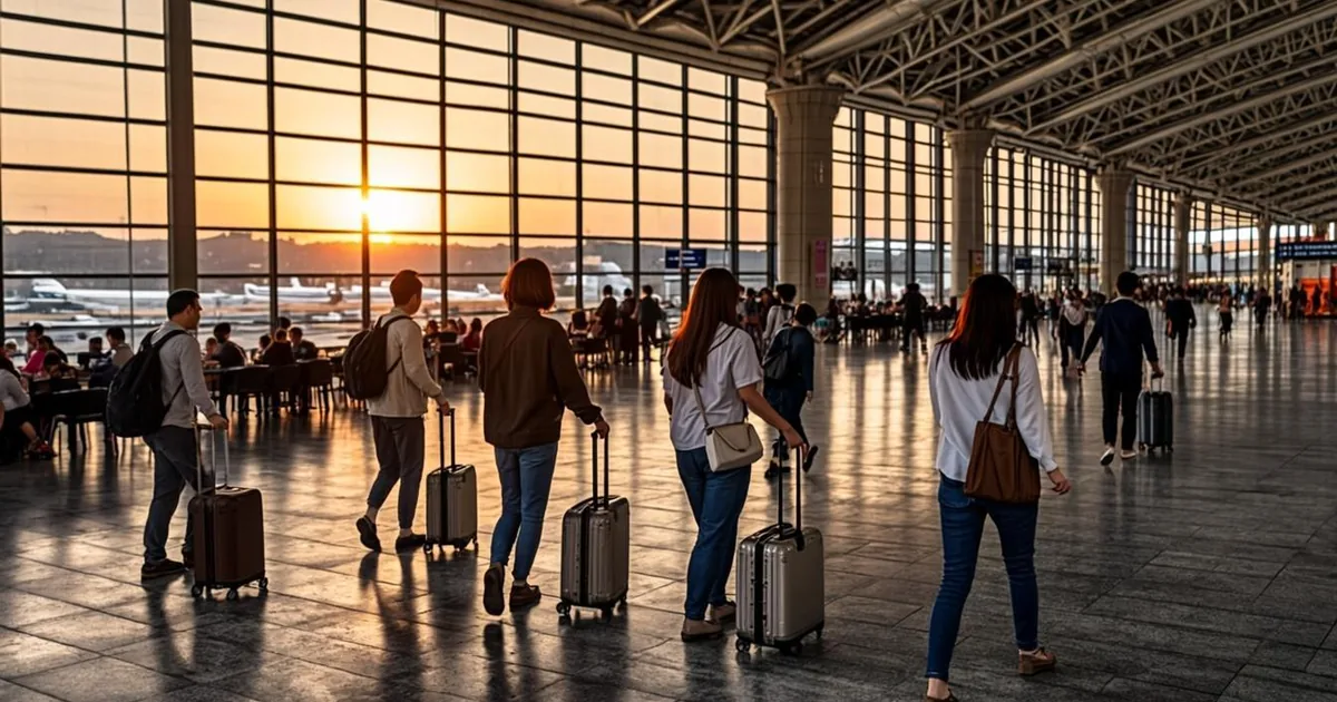Prix omra 2026, hall de départ à l'aéroport le soir, voyageurs avec valises