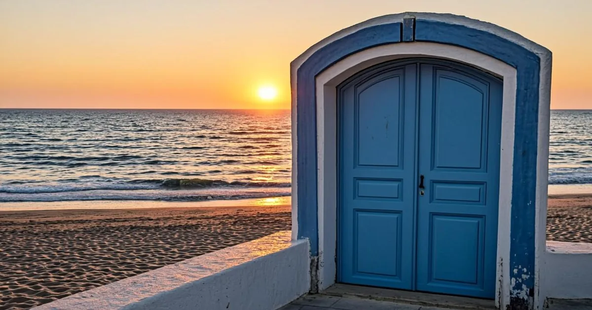 Prix omra Tunisie, porte bleue tunisienne au soleil couchant