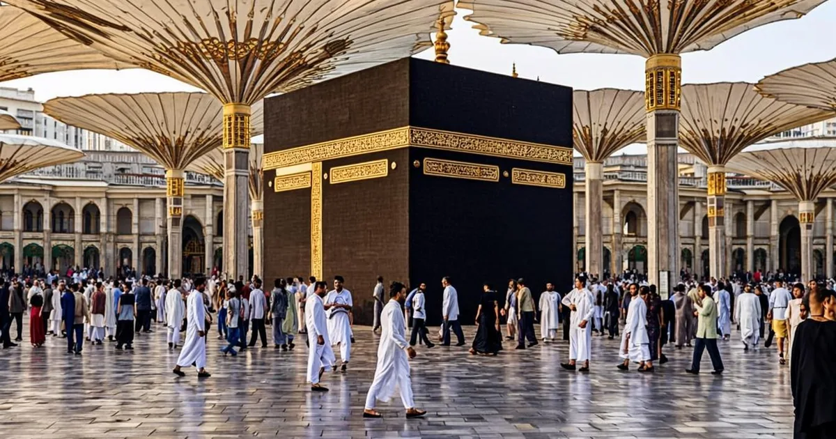 Tawaf, pèlerins en ihram marchant autour de la Kaaba, vus de près